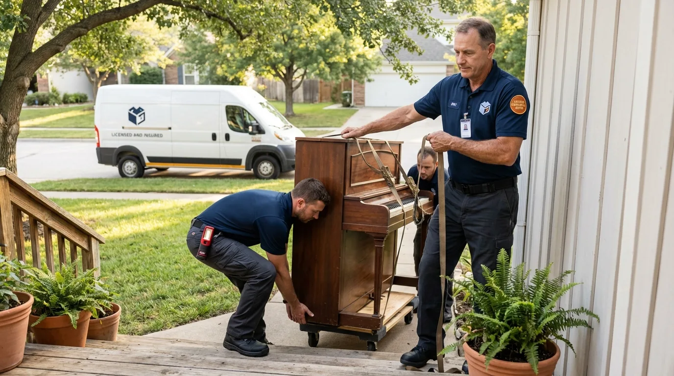 Licensed piano movers securing grand piano in Silsbee, TX