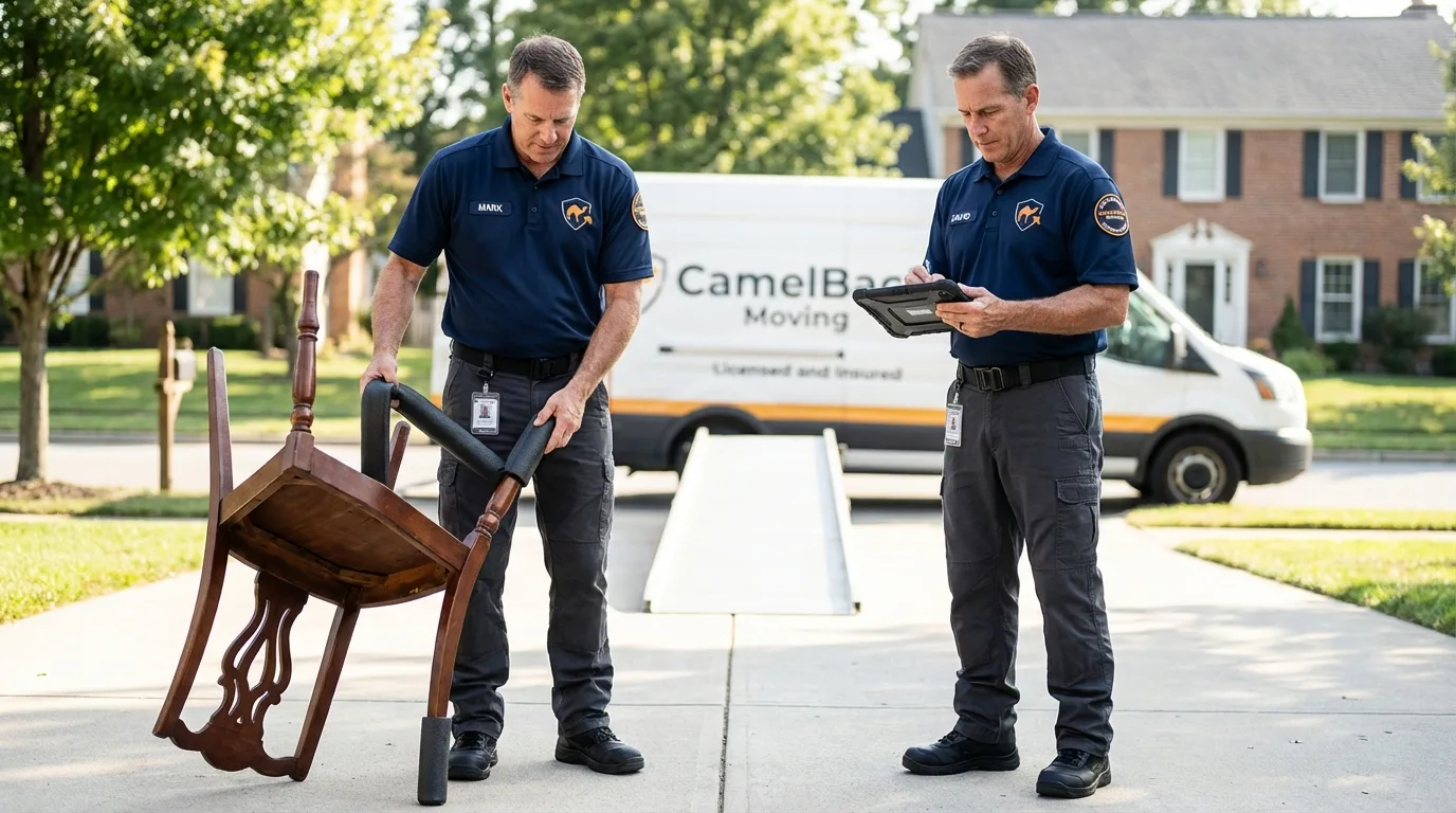 Movers inspecting furniture for damage prevention before loading in Silsbee, TX